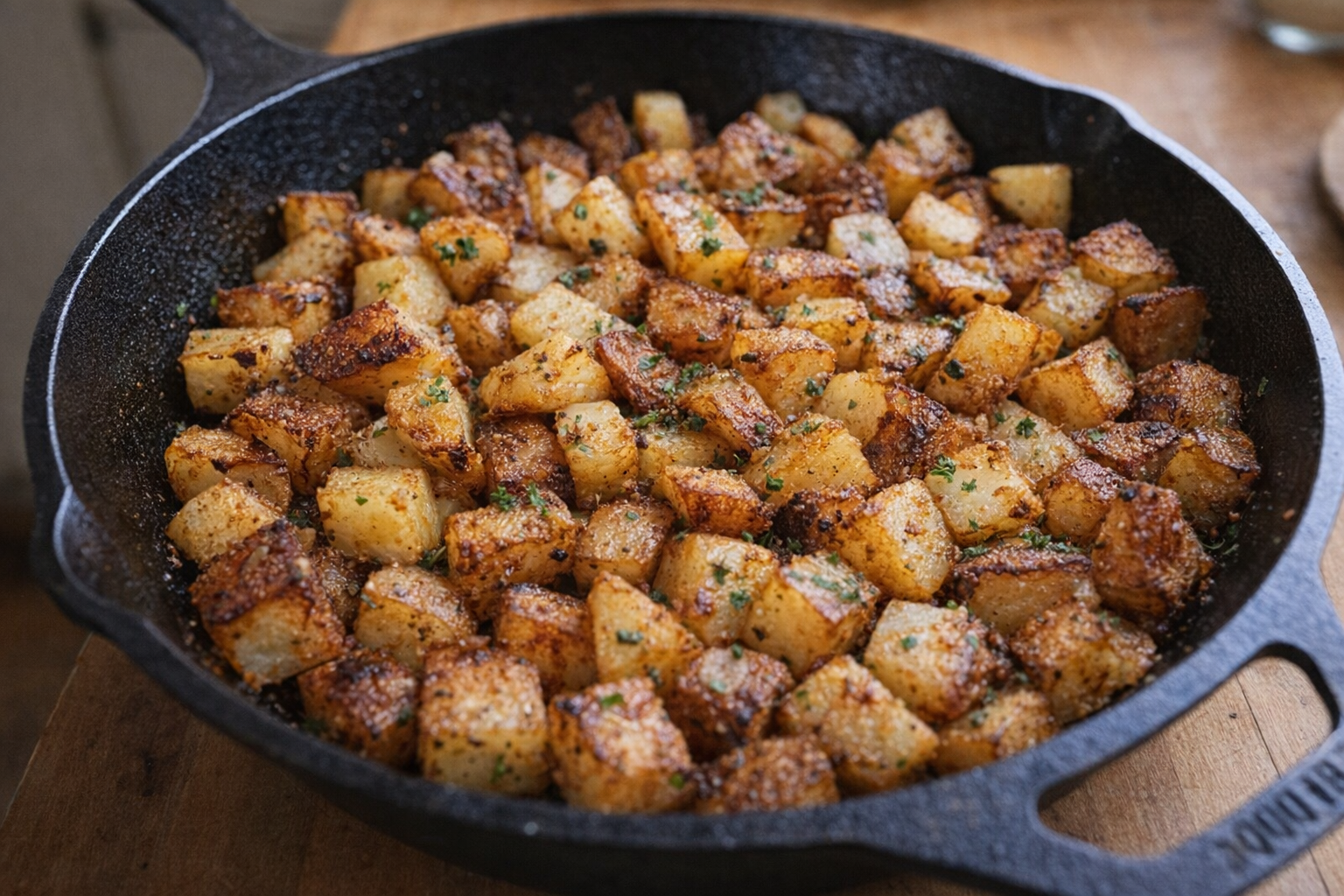 A top-down shot of golden-brown breakfast potatoes in a cast iron skillet, with visible crispy edges and a scattering of herbs